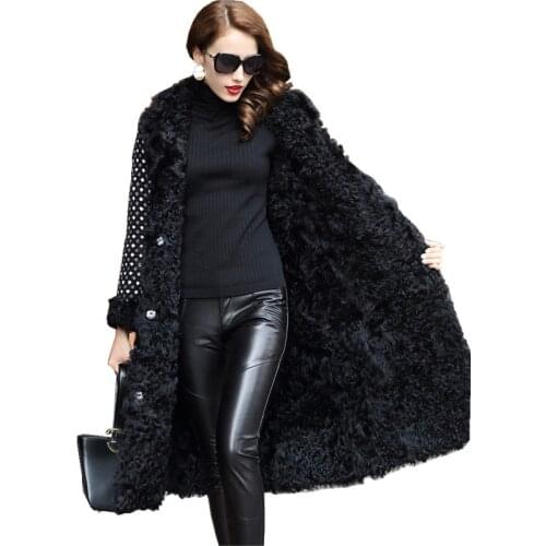 Lamb Womens Natural Luxury Fur Liner Woolen Tweed Coat 2020 Female Plus Size Long Dot Warm Winter Jacket Women Woolen Coats s