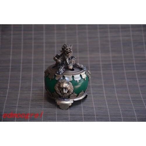 Collectable old Silver & jade Incense Stove\Censer,lion, Green jade,Decoration,Free Shipping