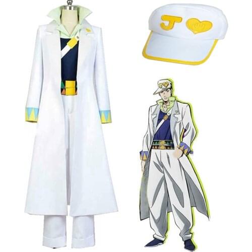 Anime JoJos Bizarre Adventure Kujo Jotaro Cosplay Costumes Kuujou Joutarou White Uniform Hat Sets Cap Halloween Carnival Party