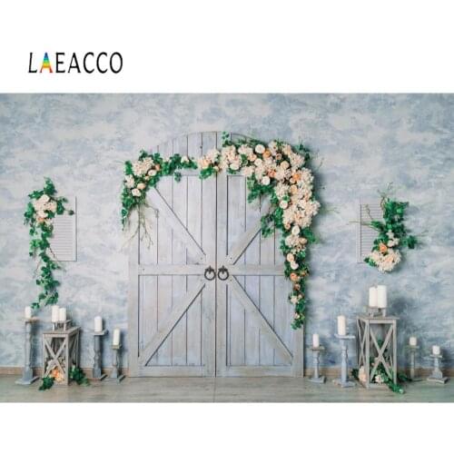 Laeacco Wedding Candle Flower Wreath Old Wooden Door Cement Wall Simple Decor Stage Photo Background Photography Backdrop Photo