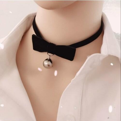 Trendy Punk Style Bow Choker Necklace For Women Bell Pendant Collar Cosplay Necklace Black Velvet Ribbon Short Choker