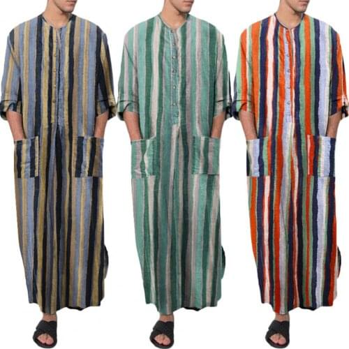 Men Jubba Thobe Muslim Kaftan Arab Shirt Striped Robes Loose Pockets Long Sleeve Saudi Arabia Men Muslim Kaftan Thobe Robe