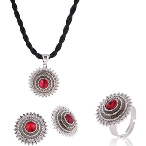 New Arrival Golid FINISH Sliver Color Ethiopian Jewelry sets With Bule/Green/Red Stone African Gift Habesha Jewelry Gift