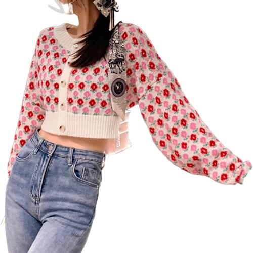 New Womens Button Knitted Sweater Long Sleeve Round Neck Printed Short Cardigan Sexy Small Fresh