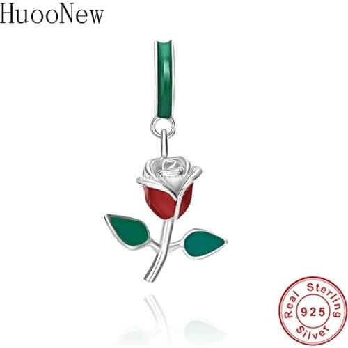 Fit Original Charm Bracelet Rea 925 Sterling Silver Green Leaf Red Rose Flower Bead For Making Women Valentine Berloque 2021 New