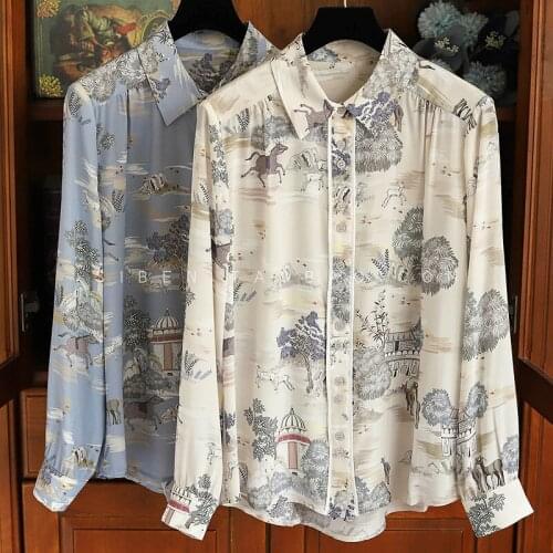 Roar recommended! Amazing beauty ~ stunning exquisite printed silk shirt womens long-sleeved mulberry silk collar