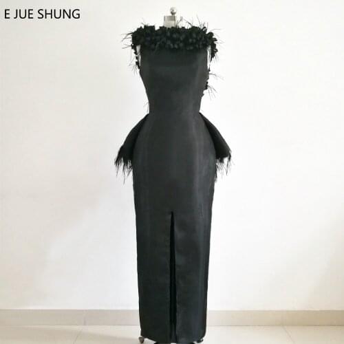 E JUE SHUNG Black Organza Feather Luxury Evening Dresses Long Flowers Middle Slit Formal Dresses Mother of The Bride Dresses