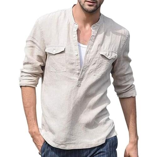 2020 Fashion Mens Casual Cotton Linen Shirt Solid Color Stand Collar Long Sleeve Thin Slim Shirt streetwear
