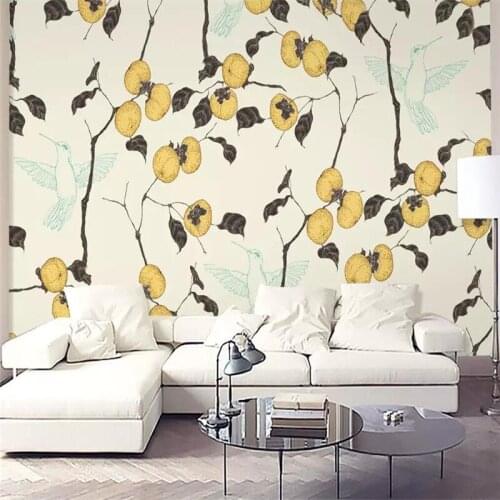 Modern simple hand-painted flowers and birds with golden fruits