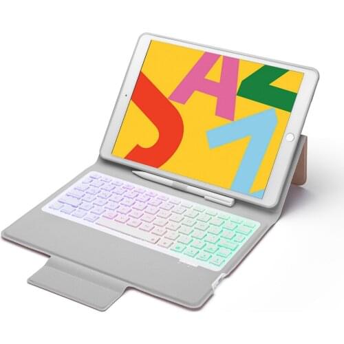 For iPad 10.2 2019 Ultra Thin 7 Color Backlight Bluetooth Russian/Hebrew/Spanish Keyboard Case Cover Build-in Pencil Holder