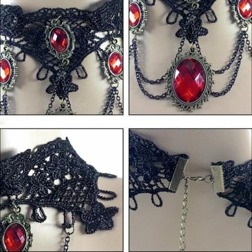Victorian Gothic Halloween Red Rhinestone Charms Vampire Maxi Necklace Choker Cocktail Evening Party Dress Jewelry