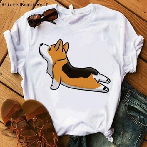 New Fashion 2020 Summer Casual T Shirt Woman Harajuku Kawaii Corgi Yoga Pose Letter Female T-shirt Cute Cartoon Tshirt Top