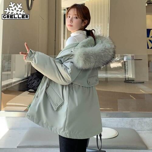 GRELLER Short Fur Liner Parkas Solid Color Winter Jacket Women 2021 New Big Pocket With Fur Collar Ladies Casual Hooded Coat