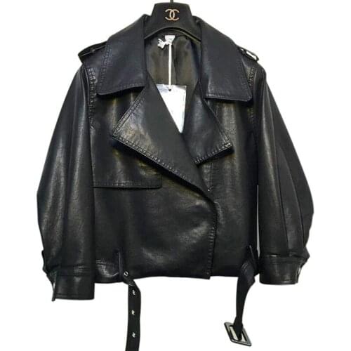 2020 Womens New Pu Leather Jacket Spring Autumn Korean Version of The New Nine-Point Sleeve Lantern Sleeve Short Coat