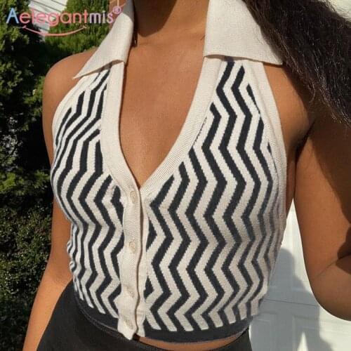 Aelegantmis Streetwear Striped Knitted Backless Halter Collar Tank Top Women Sexy Slim Korea Tops T Shirt 90s Fashion Girls Tops