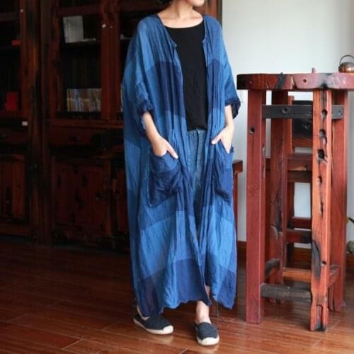 Women 2016 Autumn Washed Linen Yarn-dyed Loose Trench Coat Ladies Plaid Pockets Trench Overcoat Outwear Bat Sleeve open Stitch