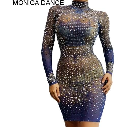 Women Sexy Stage Birthday Celebrate Evening Party Rhinestones Dress Mesh High Neck Transparent Outfit Singer Bar Nightclub Wear