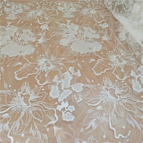 130cm*90cm French beaded tulle Lace Fabric for wedding dress Flower sequins raw white african lace embroidered applique 2019