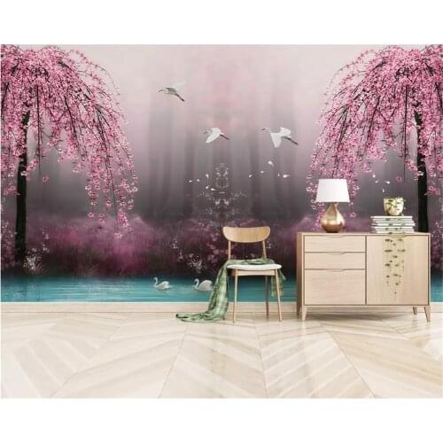 Beibehang Custom classic wand papier schöne traum rosa kirsche schwan see landschaft TV hintergrund papel de parede 3d tapete