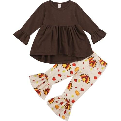 Infant Kids Baby Girls Thanksgiving Long Sleeve + Flared Pants, Cartoon Pattern, Ruffle Decoration Ruffle Festive Clothing
