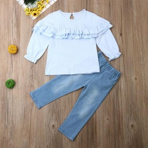 Kids Baby Girl Clothes Set 2019 Toddler Ruffle Autumn Long Sleeve Round Neck Tops Blue Blouse Jeans Pants Outfits Clothing 2PCs