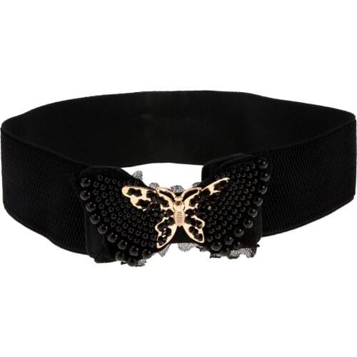 Stylish Womens Pearls Butterfly Stretch Elasticated Waist Belt Snap Fastener Dress Band 6cm Wide