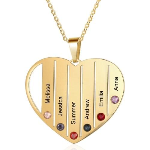 Customized Necklace Fashion Stainless Steel Jewelry Gold Heart Pendant Engrave 6 Names Birthstones Promise Family Gift for Women