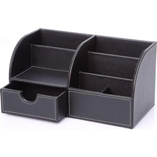 PU Leather Multifunctional Desk Organizer Storage Box - Business Card/Pen/Phone/Stationery Holder (Full PU Black )