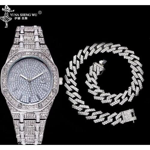 Hip Hop Men Watch+Necklace Full Set Gold Color Heavy Full Iced Out Paved Rhinestones 19MM Cuban Chain CZ Bling Jewelry For Gift