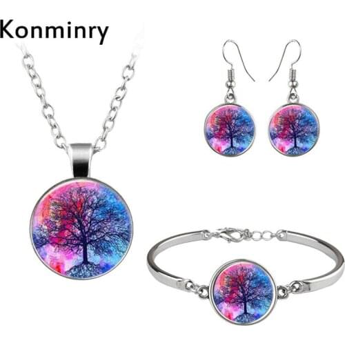 Konminry Fashion Tree Of Life Jewelry Sets Glass Dome Necklaces Bracelets Hook Earrings Colors Mandala Jewelry Women Girl Gifts