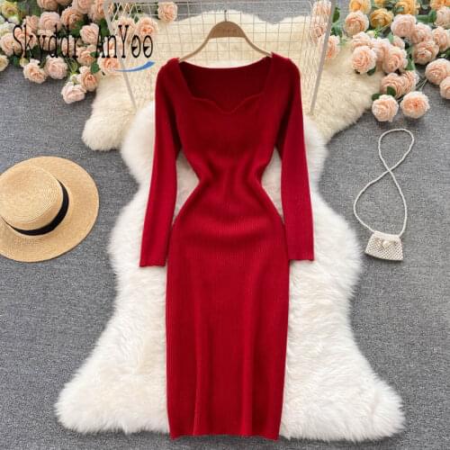 2021 Autumn Winter Women Knitted Bodycon Sxey Dress Long Sleeve Elastic Elegant Base Dress Korean Fashion Female Clothing