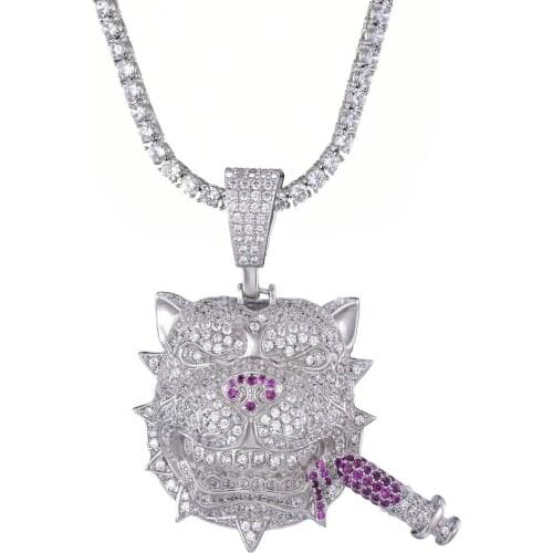 Ice Out Cubic AAA+ Zircon Bully Dog Cigar Pendant Necklace with Rope Chain Hip Hop Silver Color Charm Gift Jewelry for Men Women