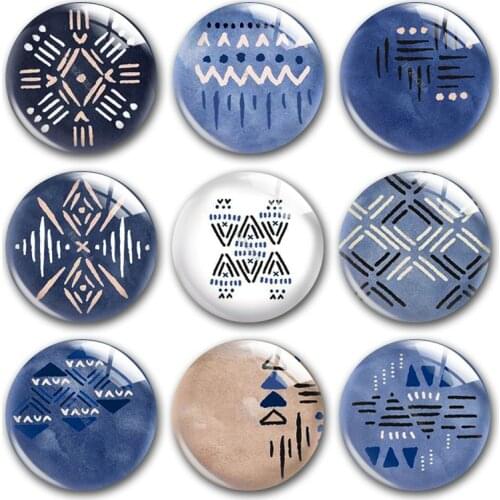 Handmade Native Blue Tribe Geometric Pattern Round Photo Glass Cabochons Demo Flat Back DIY Jewelry Making Findings Accessory