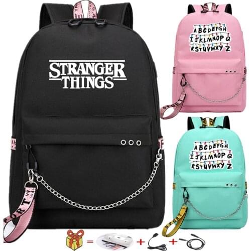 Stranger Things USB Backpack School Book Bags Fans Travel Bags Laptop Chain Backpack Headphone Port Waterproof Laptop bags