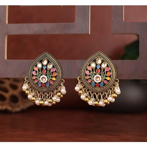 Bohemian Ethnic Beads Tassel Earrings Exaggerated Jewelry Retro Gold Color Hollow Drop Oil Flower Stud Earrings for Women