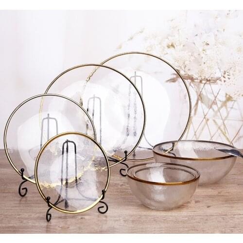 Glass Salad Bowl Round Flat Plate Drinking Cup Gold Edge Western Food Tray Household Breakfast Dishes Milk Coffee Mugs 1pcs