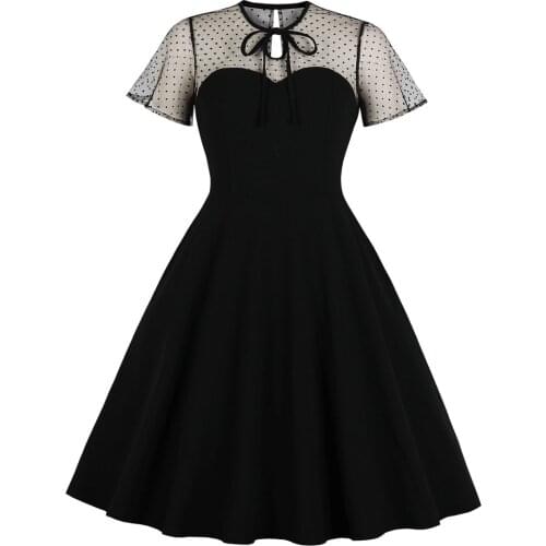 Solid Color Mesh Bow Neck Party Dress Women Office A Line Retro Vintage Fit and Flare Ladies Elegant Casual Tunic Midi Dresses