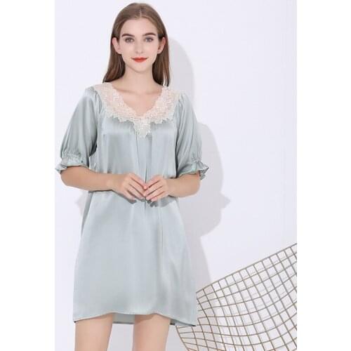 100% Silk Nightgown Women with Short Sleeve Lace Relaxed Fit Ladies Nightie Party Satin Nightwear sp0176