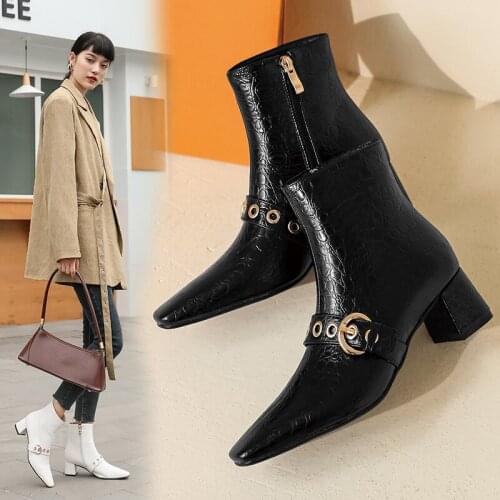 2021 Autumn New Woman Buckle Chelsea Boots Handmade Leather Square head Shoes Quality Buckle Square High Heels Lady Boots black