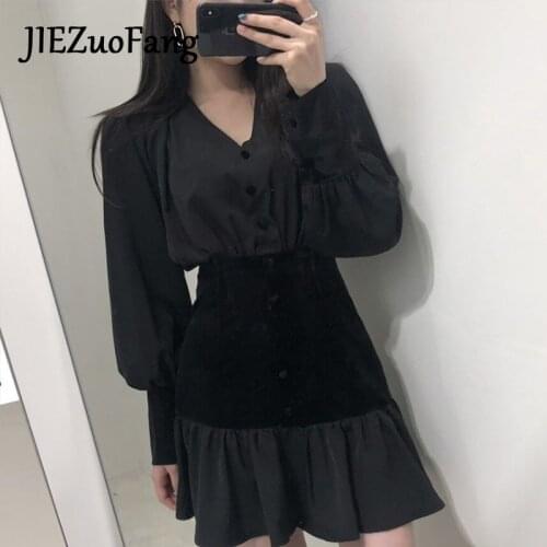 JIEZuoFang Velvet Gothic Punk Style Dress Ladies Button Lace Splice Black Casual Dresses Women Vintage Square Neck 2020 New