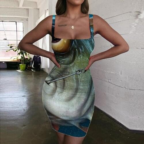 Giyu Brand Fish Dresses Women Eye Ladies Dresses Animal Sundress Fisherman Bodycon Dress Metal Halter Sleeveless Womens Clothing