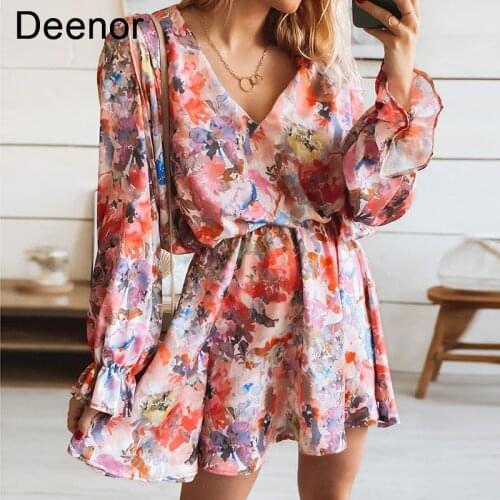 Deenor High Waist Slim V-neck Bubble Sleeve Chiffon Printed Casual Dress Long Sleeve Women Mini Dress Elegant Female Clothes
