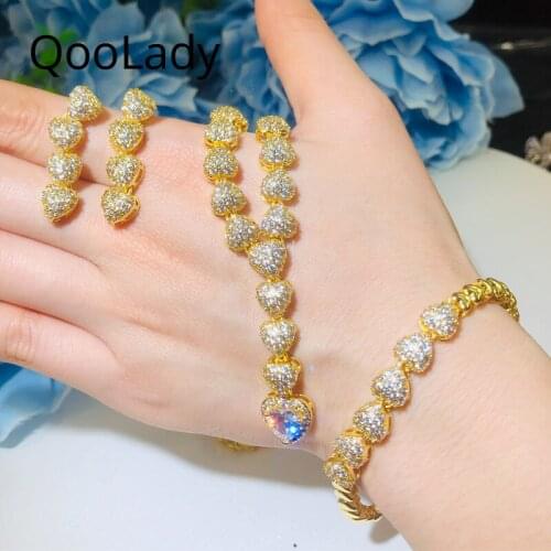QooLady Dubai Gold Jewelry Sets Love Heart Shaped Micro Pave Zircon Necklace Earring Bracelet for Wedding Dress Accessories Z057