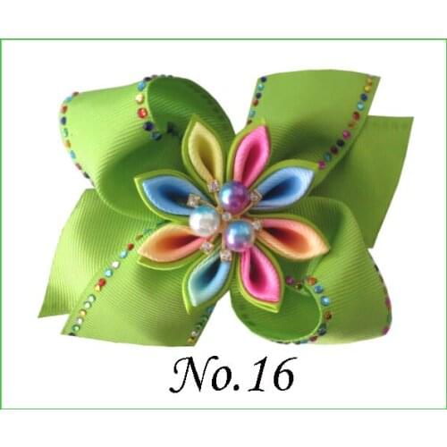 50 BLESSING Good Girl 4.5" Coral Hair Bow Clip Rainbow Rhinestone Pearl Flower