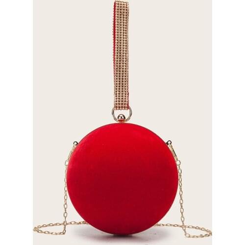 Velvet Red Round ball Evening Clutch bag womens mini Luxury dinner bag Wedding Party Purse handbag chain shoulder bag B391