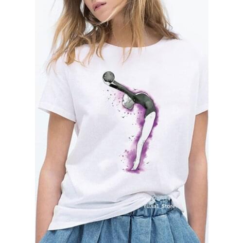 FIXSYS Femme Casual Tops Summer Watercolor Ballet Dancer Printed Girl White T shirt Kawaii Gymnastics Dance Lover Gift Tee shirt