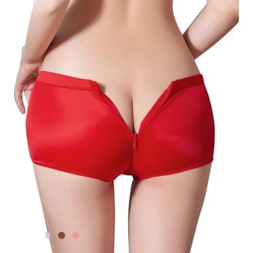 Oil Glossy Shiny Zipper Open Crotch Briefs Women Boyshort Boxer Calcinha Transparent Hot Sexy Panties Underwear Lingerie Bragas