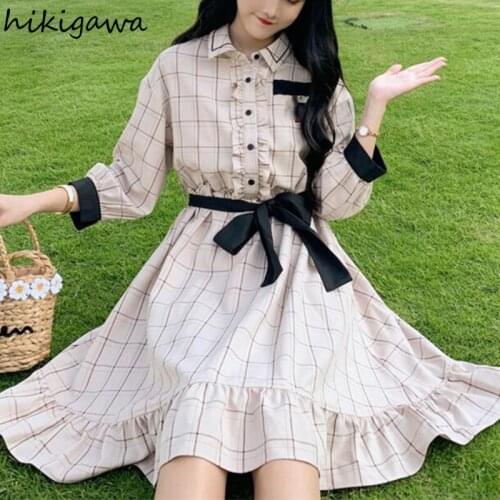 Hikigawa Japan Kawaii Clothes Sweet Dress Women Plaid Female Vestido De Mujer Korean Fashion Long Sleeve Dresses 2021 Vestidos
