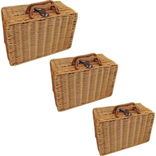 Storage Baskets Rattan Artificial Leather Look Strap Lock Organizer Wooden Woven Suitcase