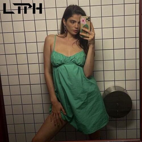 LTPH vintage green dress women thin strap sleeveless tube top camisole high waist elastic backless A-line dresses 2021summer new